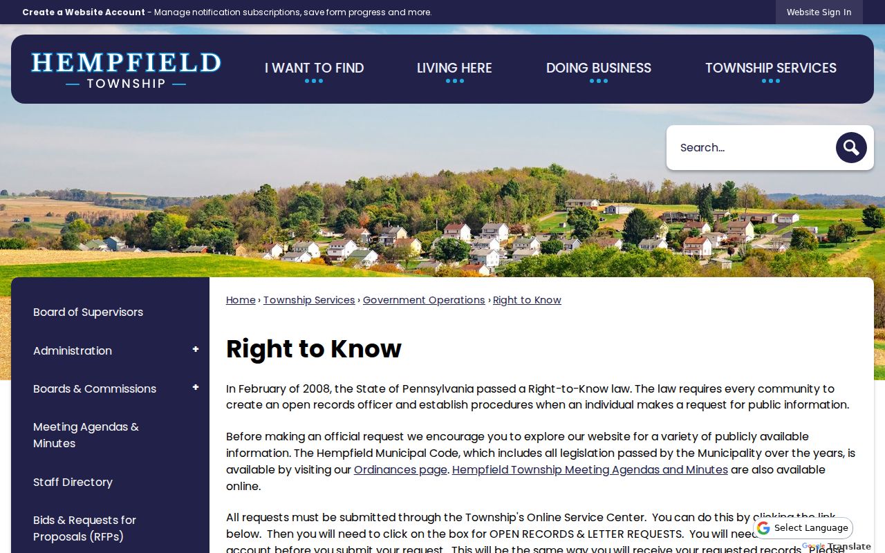Hempfield Township residents directory Right-to-Know request route